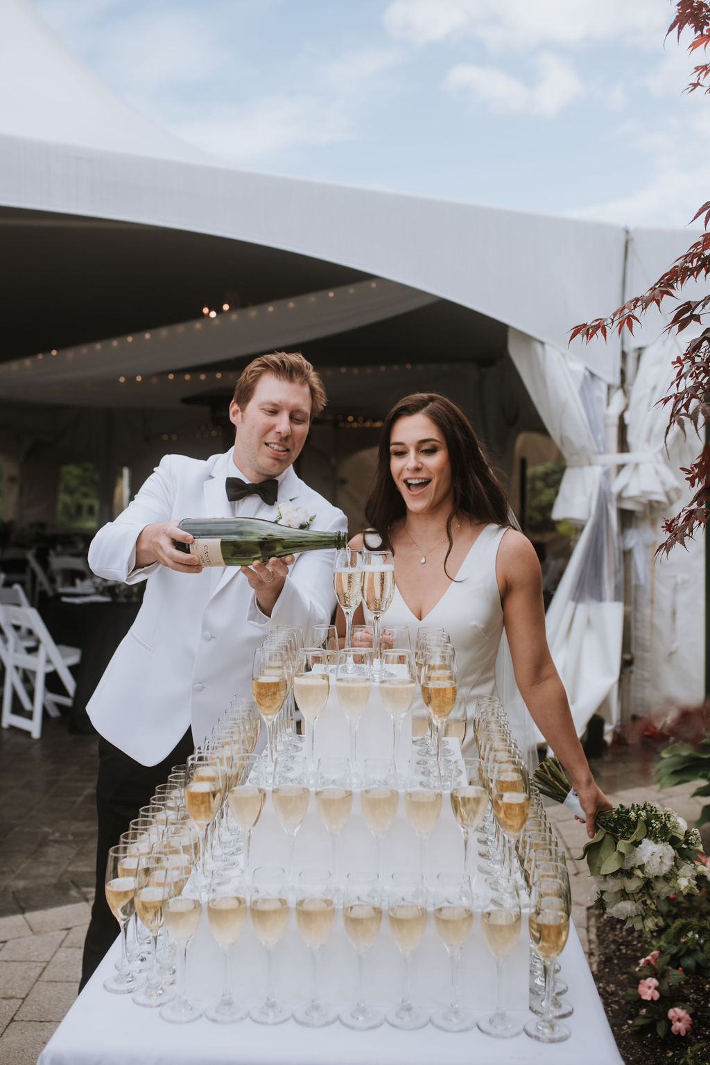 Bride and Groom with Champagne Tower